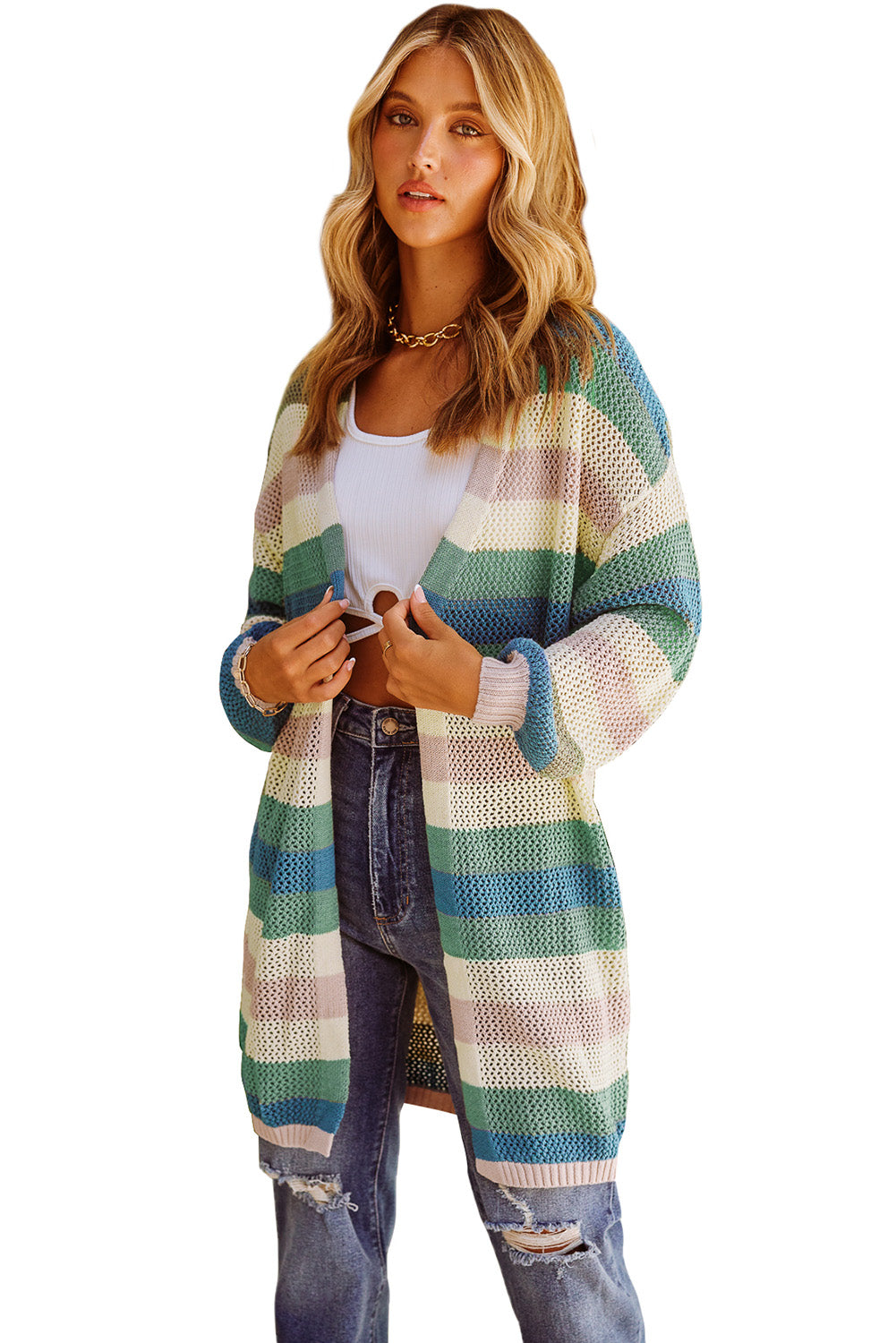 Green Striped Color Block Casual Cutout Knit Cardigan 