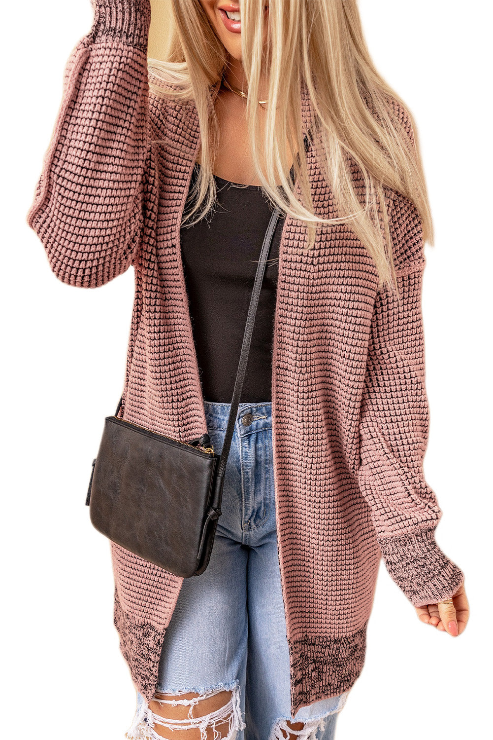 Pink Plaid Contrast Trim Casual Knit Long Cardigan 