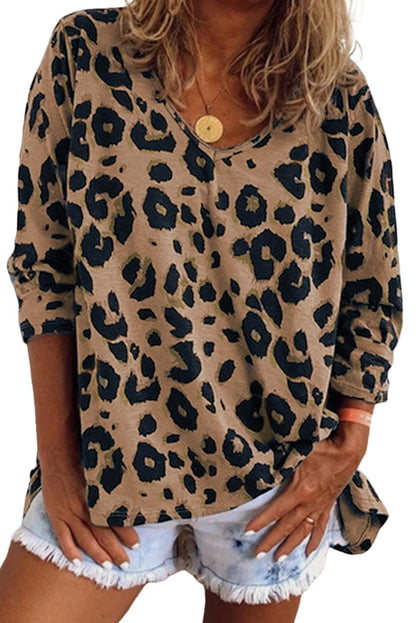 Brown Leopard Split V Neck Long Sleeve Shirt - Vesteeto