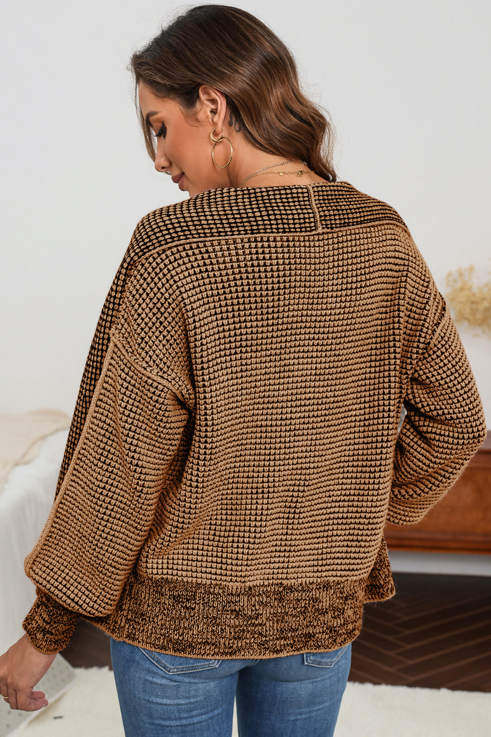 Brown Chunky Knit Pocketed Drop Sleeve Cardigan 