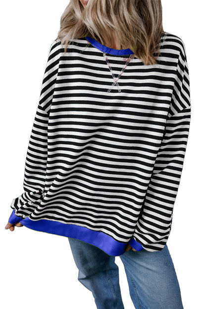 Blue Stripe Contrast Edge Cross Seam Oversized Pullover 