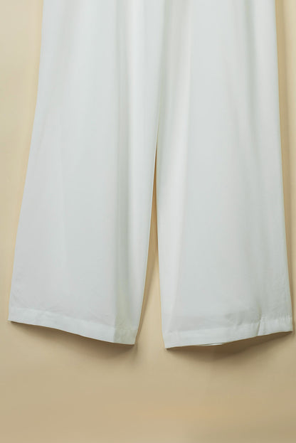 White Smocked Ruffle Strap Pocket Wide Leg Jumpsuit 