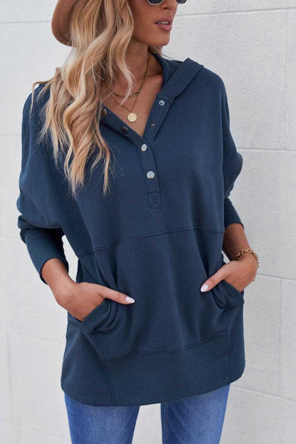 Light Blue Casual Batwing Sleeve Pocket Henley Hoodie 