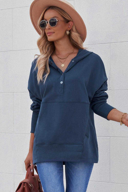 Light Blue Casual Batwing Sleeve Pocket Henley Hoodie 