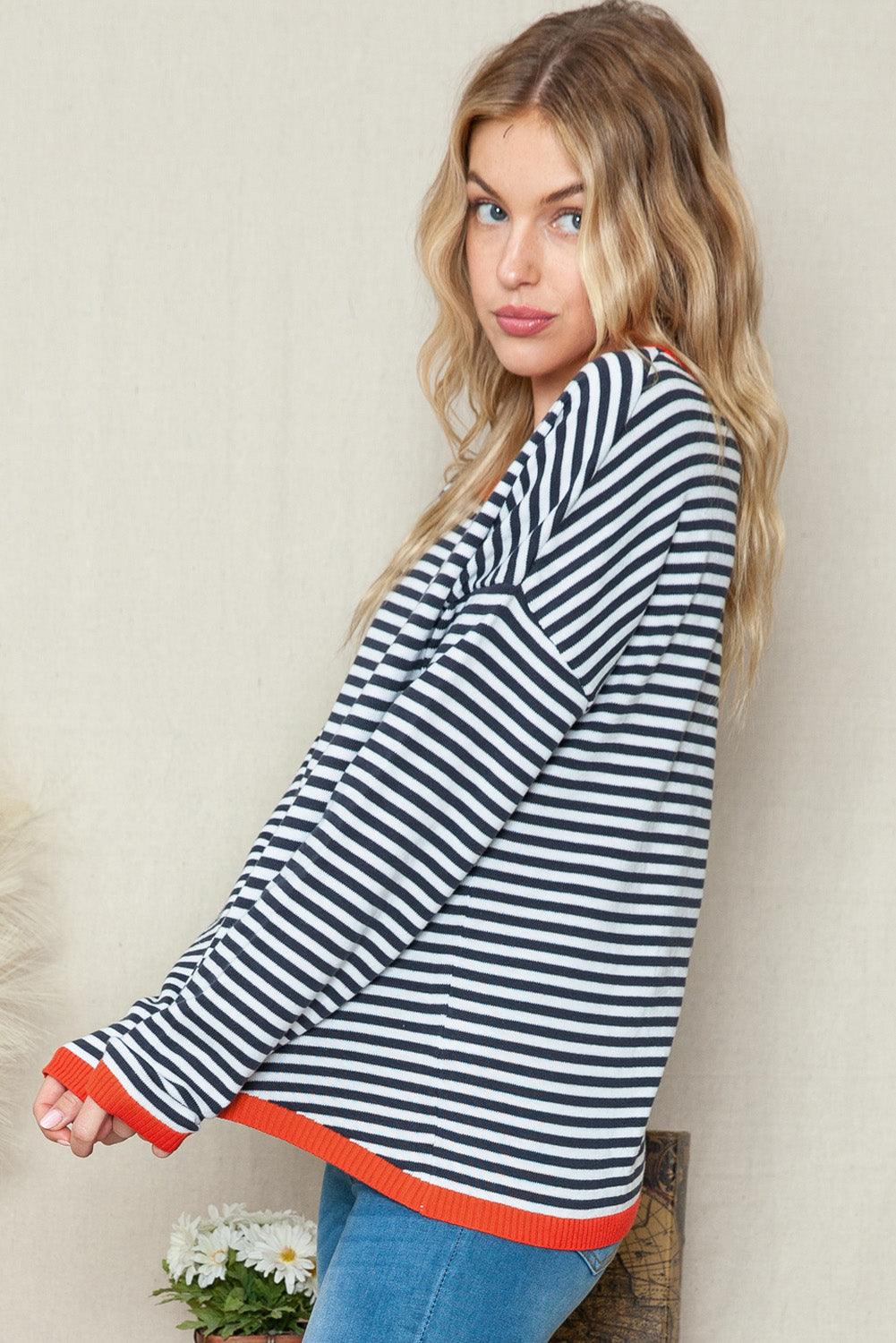 Striped Colorblock Trim Knit Pullover Sweater 