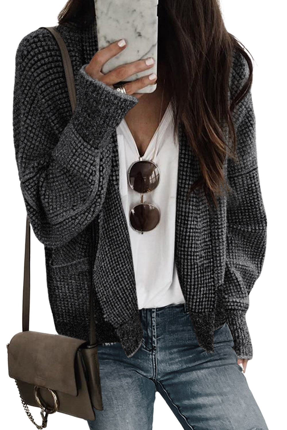 Brown Chunky Knit Pocketed Drop Sleeve Cardigan 