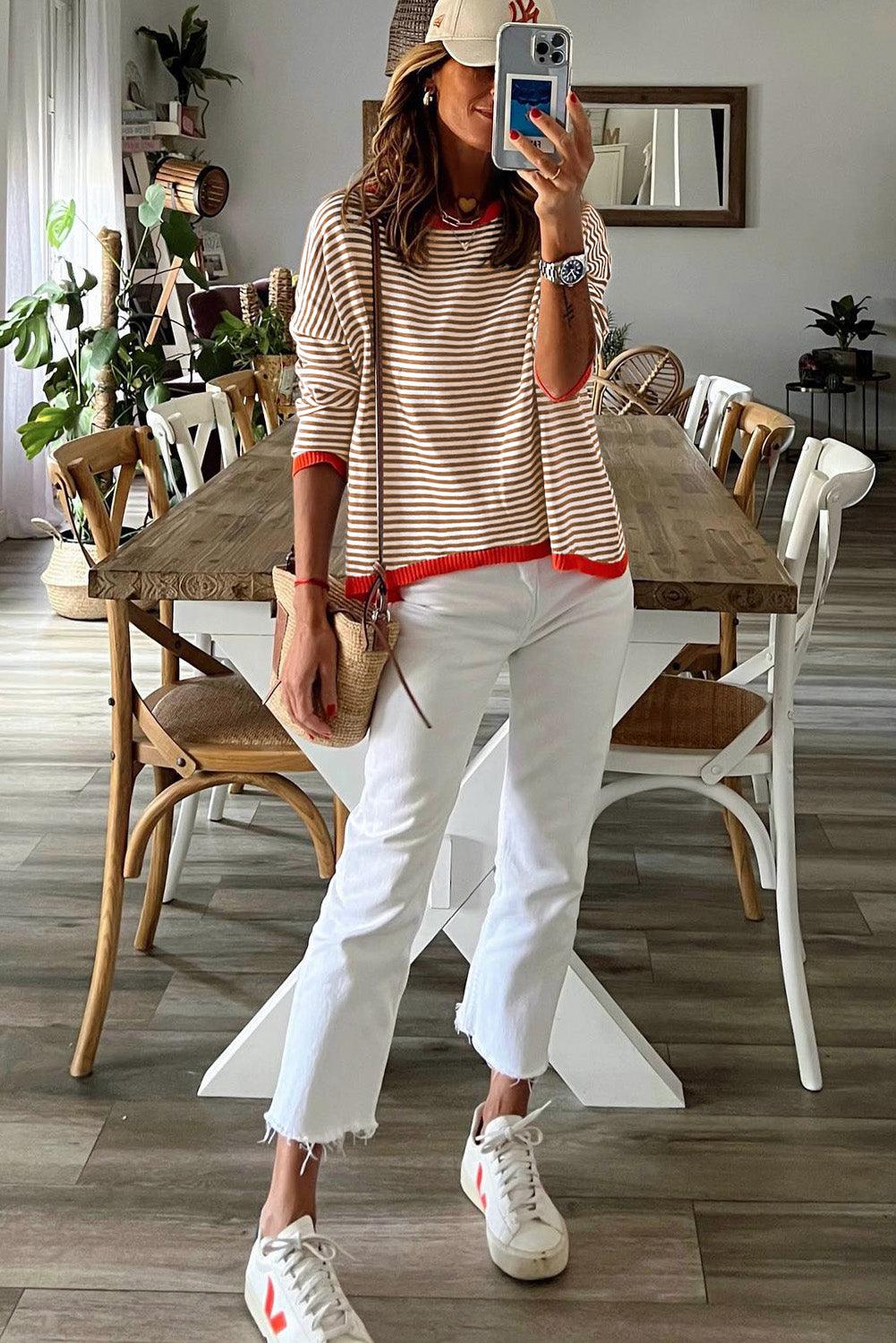 Striped Colorblock Trim Knit Pullover Sweater 