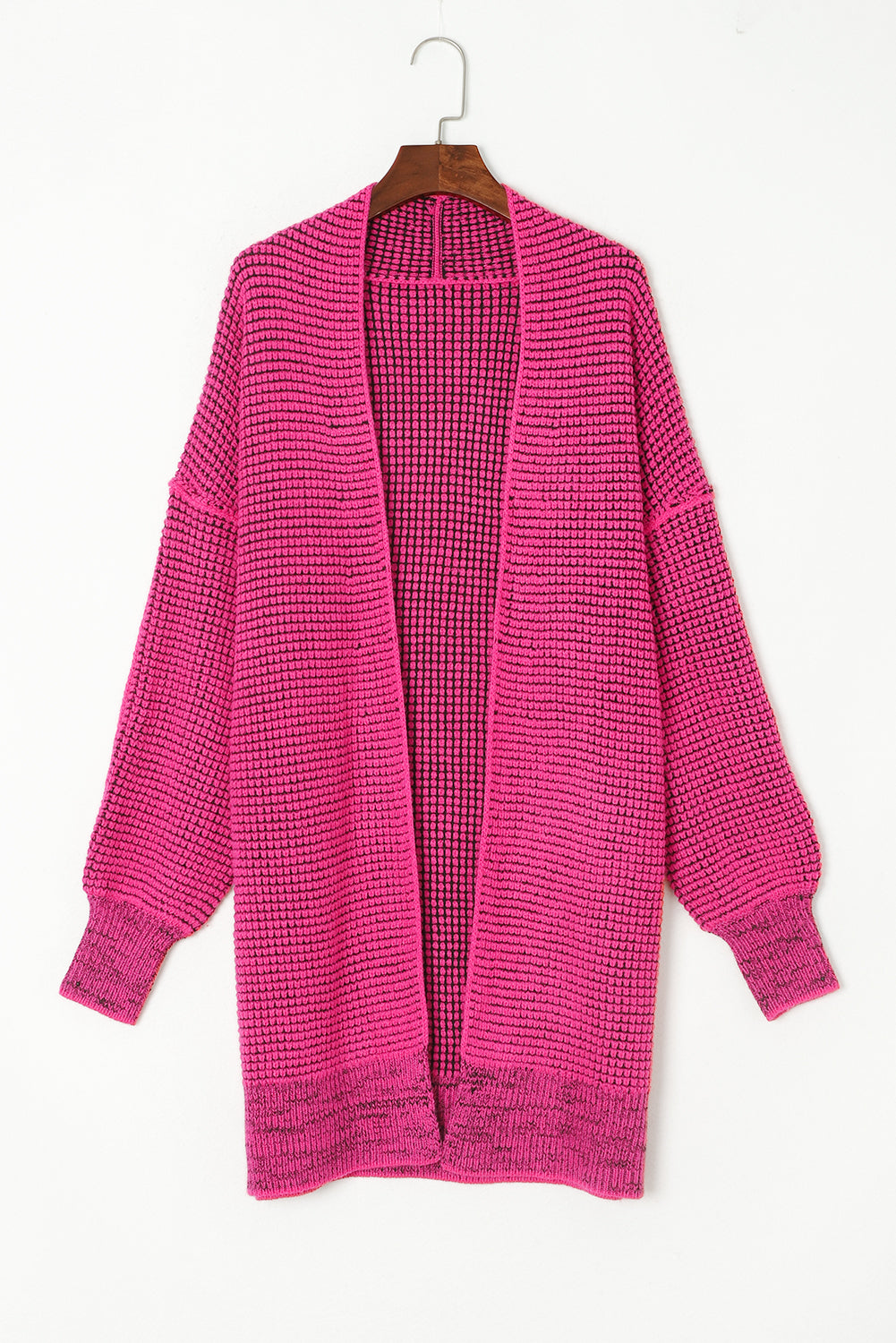 Pink Plaid Contrast Trim Casual Knit Long Cardigan 