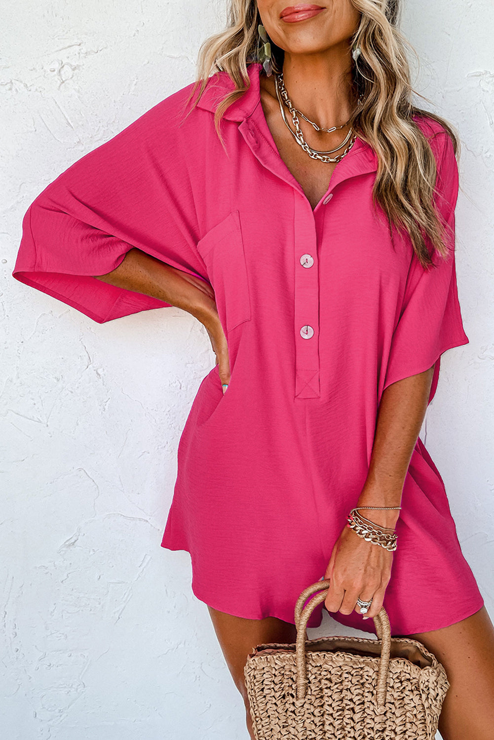 Bright Pink Plain Half Button Collared Pocket Loose Romper 