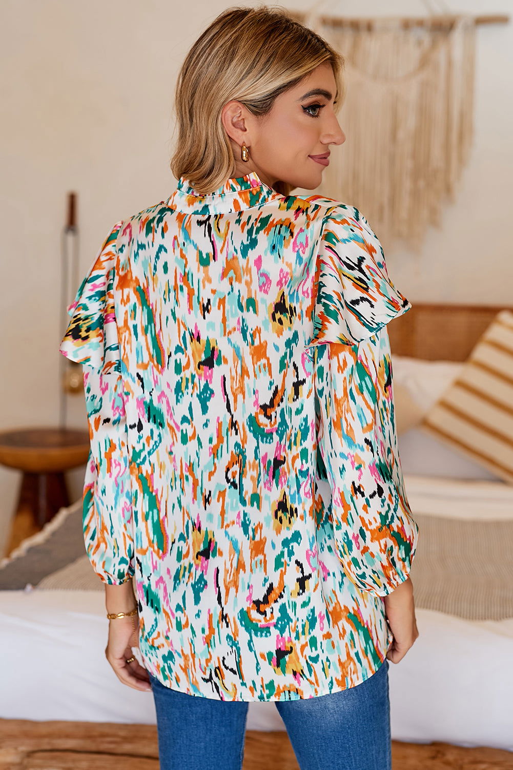 Multicolor Abstract Print 3/4 Puff Sleeve Ruffle Blouse - Vesteeto