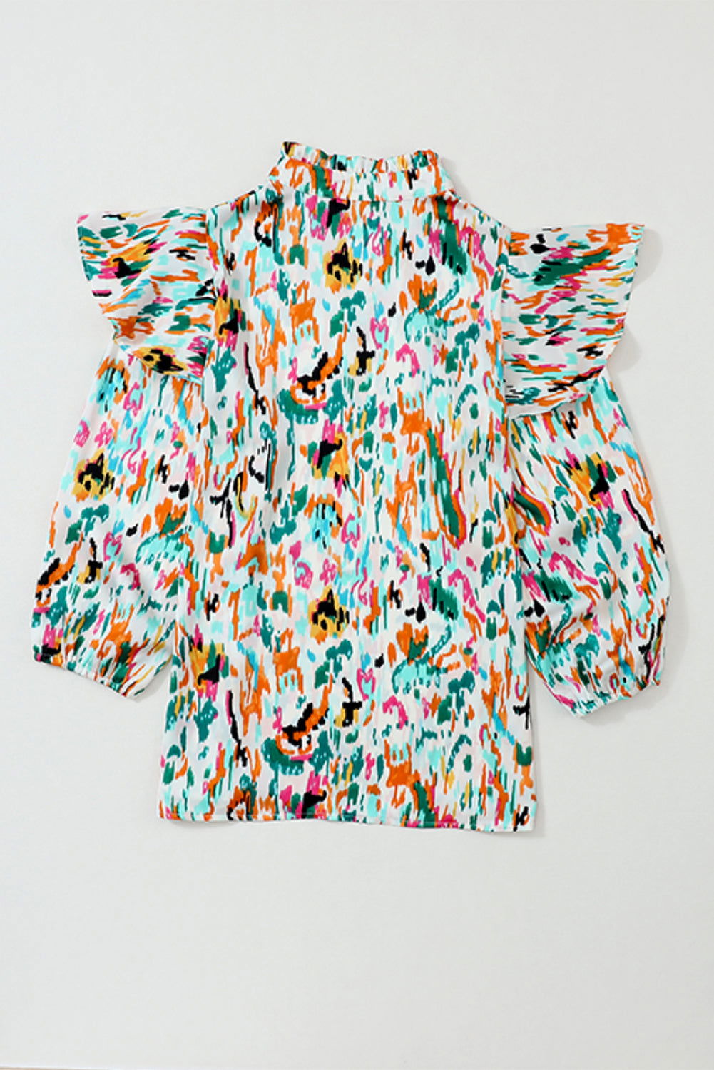 Multicolor Abstract Print 3/4 Puff Sleeve Ruffle Blouse - Vesteeto