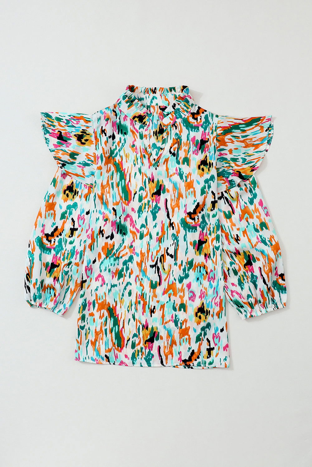 Multicolor Abstract Print 3/4 Puff Sleeve Ruffle Blouse - Vesteeto