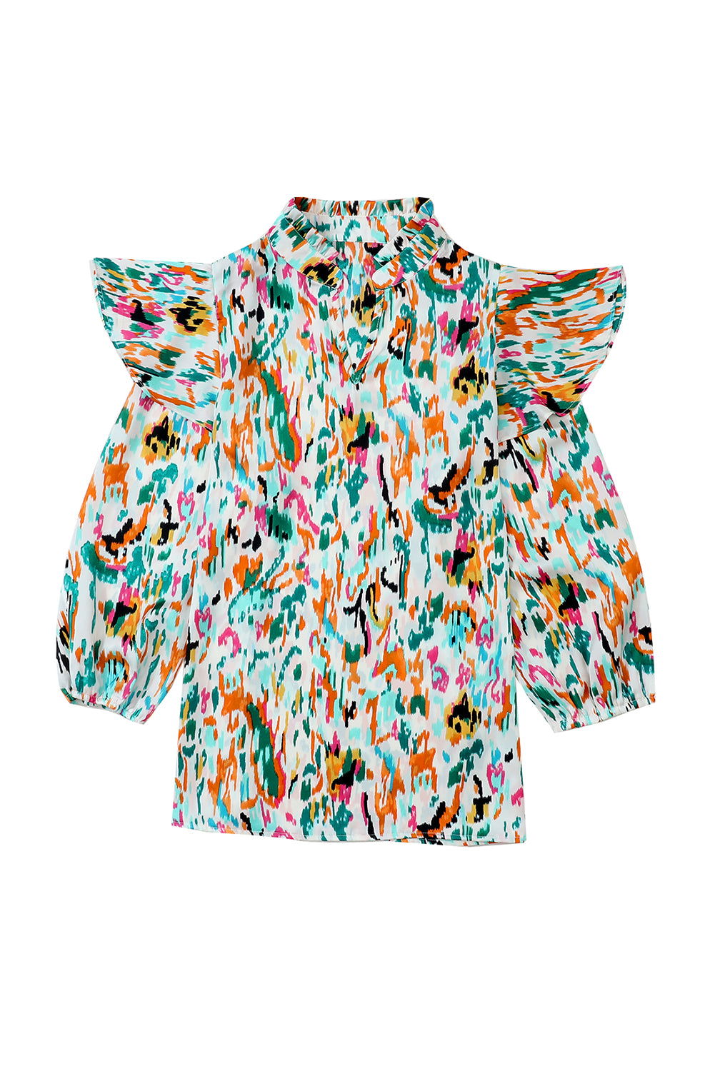 Multicolor Abstract Print 3/4 Puff Sleeve Ruffle Blouse - Vesteeto