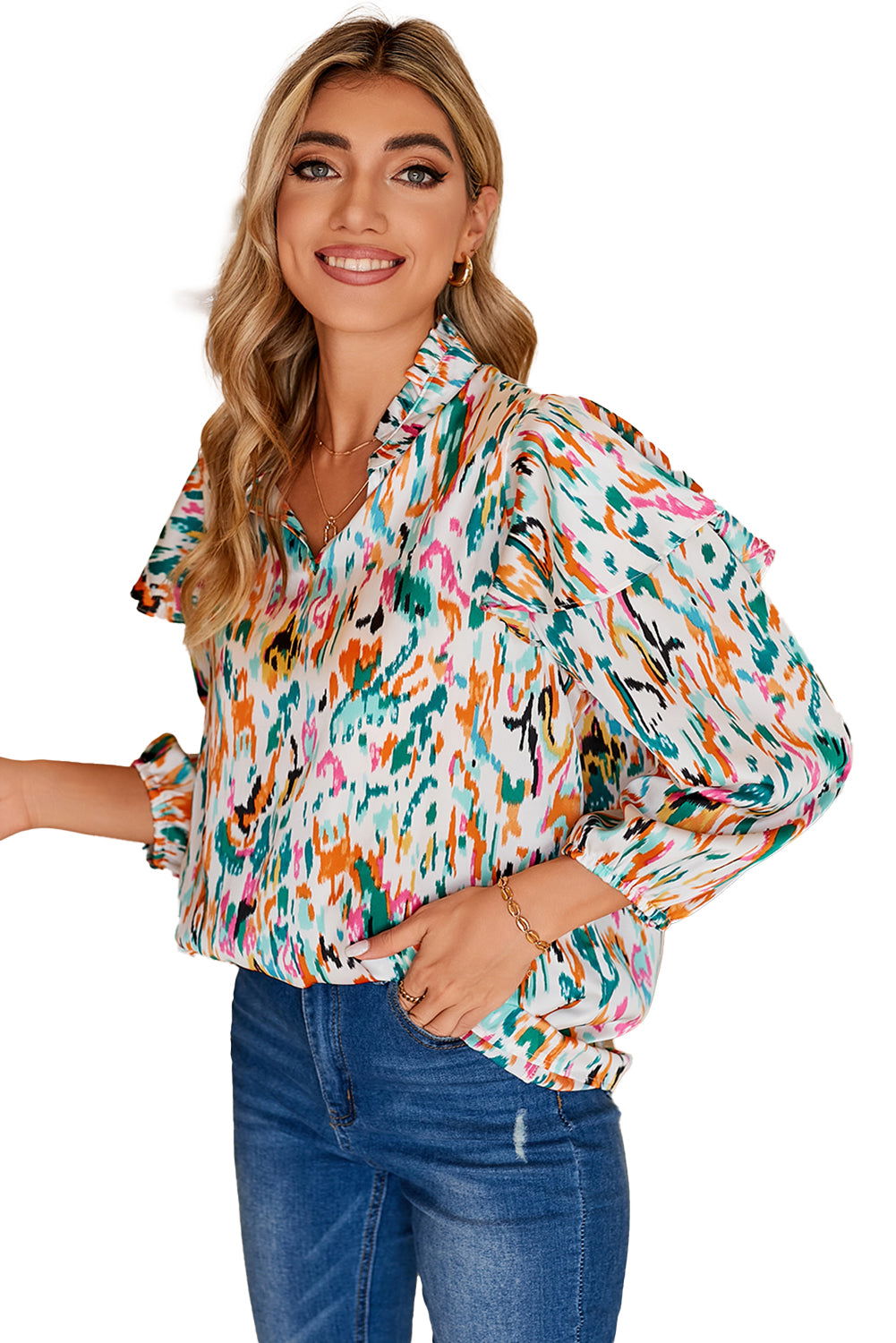 Multicolor Abstract Print 3/4 Puff Sleeve Ruffle Blouse - Vesteeto