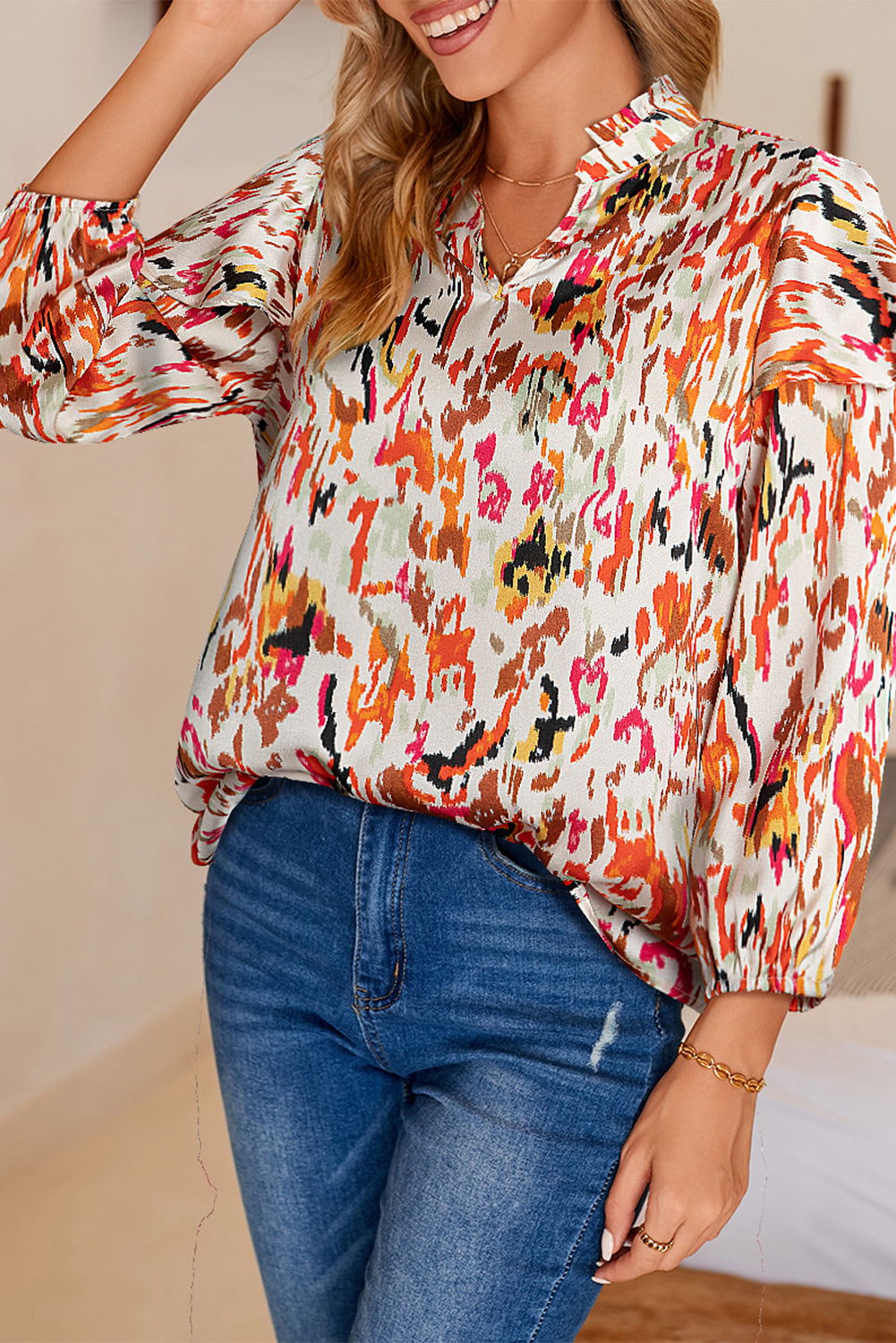 Multicolor Abstract Print 3/4 Puff Sleeve Ruffle Blouse - Vesteeto