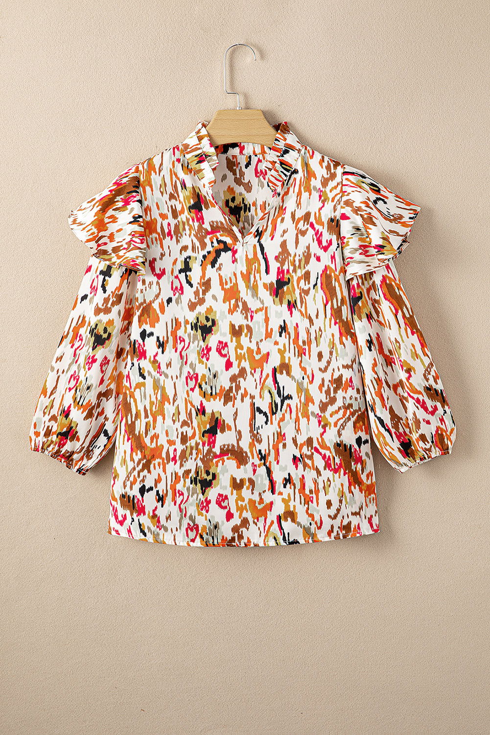 Multicolor Abstract Print 3/4 Puff Sleeve Ruffle Blouse - Vesteeto