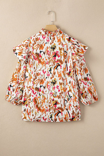 Multicolor Abstract Print 3/4 Puff Sleeve Ruffle Blouse - Vesteeto