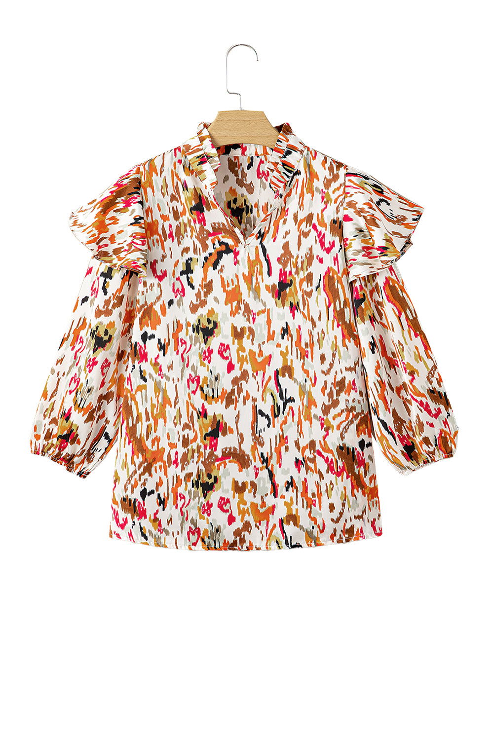 Multicolor Abstract Print 3/4 Puff Sleeve Ruffle Blouse - Vesteeto