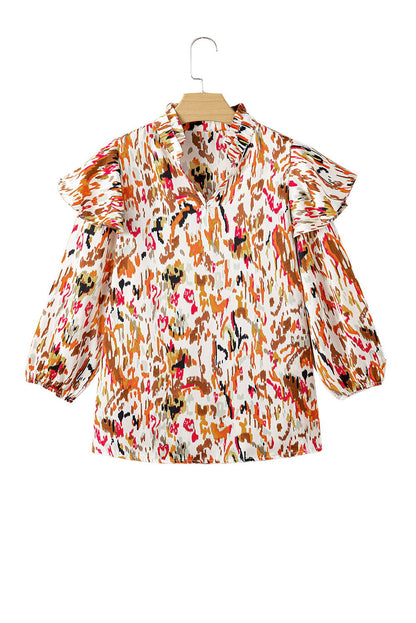 Multicolor Abstract Print 3/4 Puff Sleeve Ruffle Blouse - Vesteeto