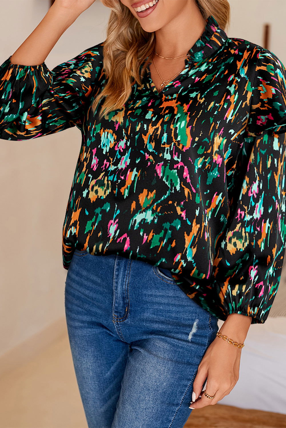 Multicolor Abstract Print 3/4 Puff Sleeve Ruffle Blouse - Vesteeto