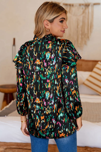 Multicolor Abstract Print 3/4 Puff Sleeve Ruffle Blouse - Vesteeto