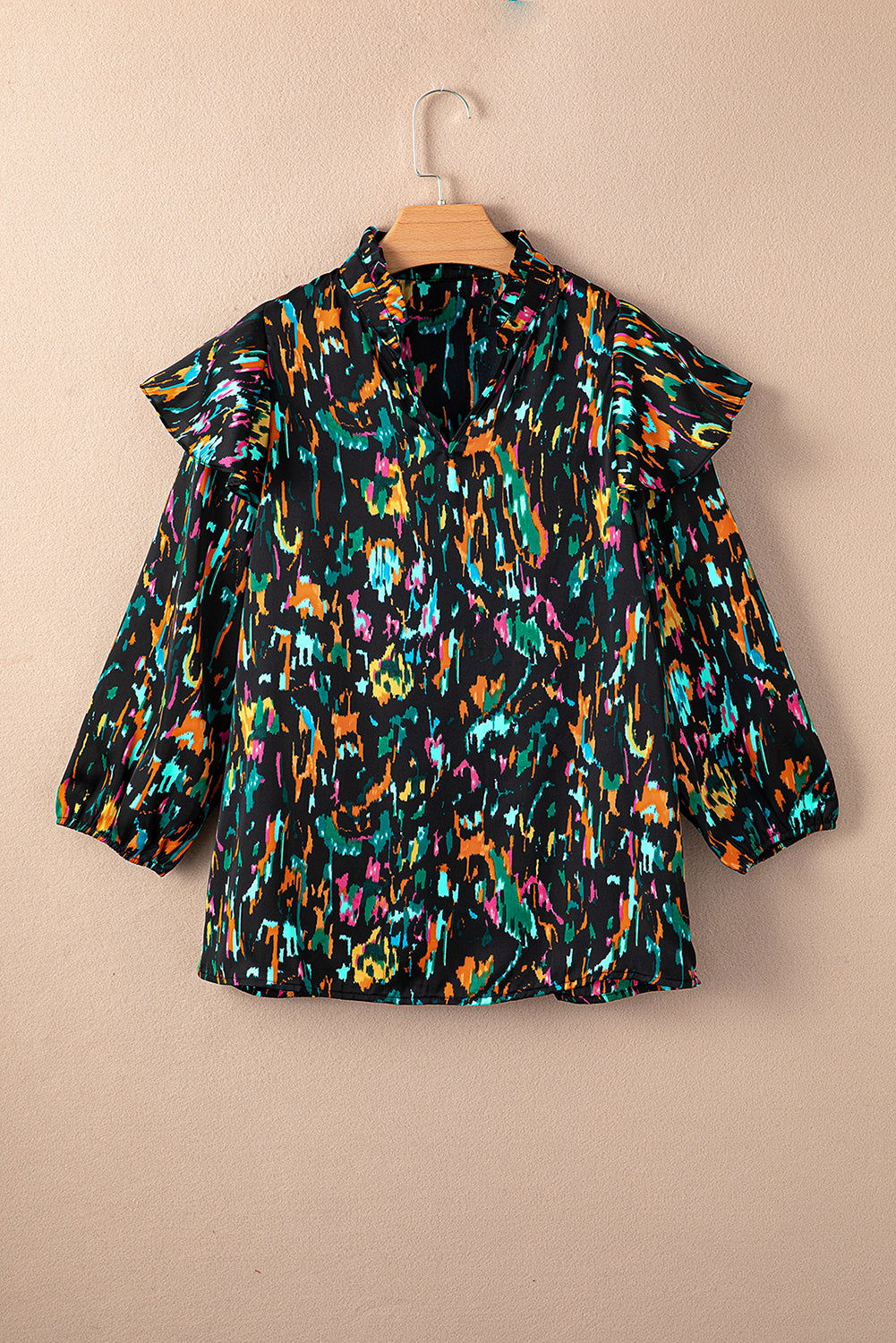 Multicolor Abstract Print 3/4 Puff Sleeve Ruffle Blouse - Vesteeto