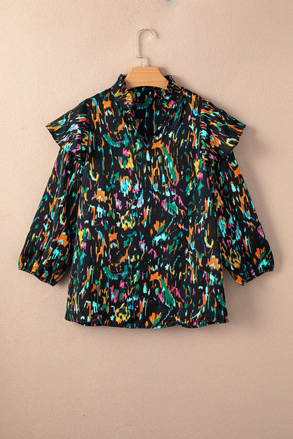 Multicolor Abstract Print 3/4 Puff Sleeve Ruffle Blouse - Vesteeto