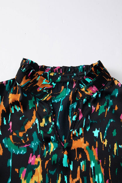 Multicolor Abstract Print 3/4 Puff Sleeve Ruffle Blouse - Vesteeto