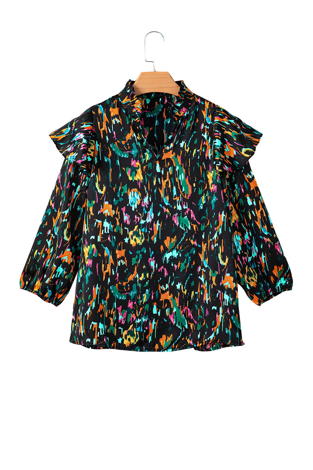 Multicolor Abstract Print 3/4 Puff Sleeve Ruffle Blouse - Vesteeto