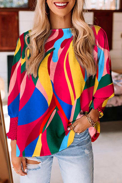 Multicolor Abstract Print Smocked Cuffs 3/4 Sleeve Blouse - Vesteeto