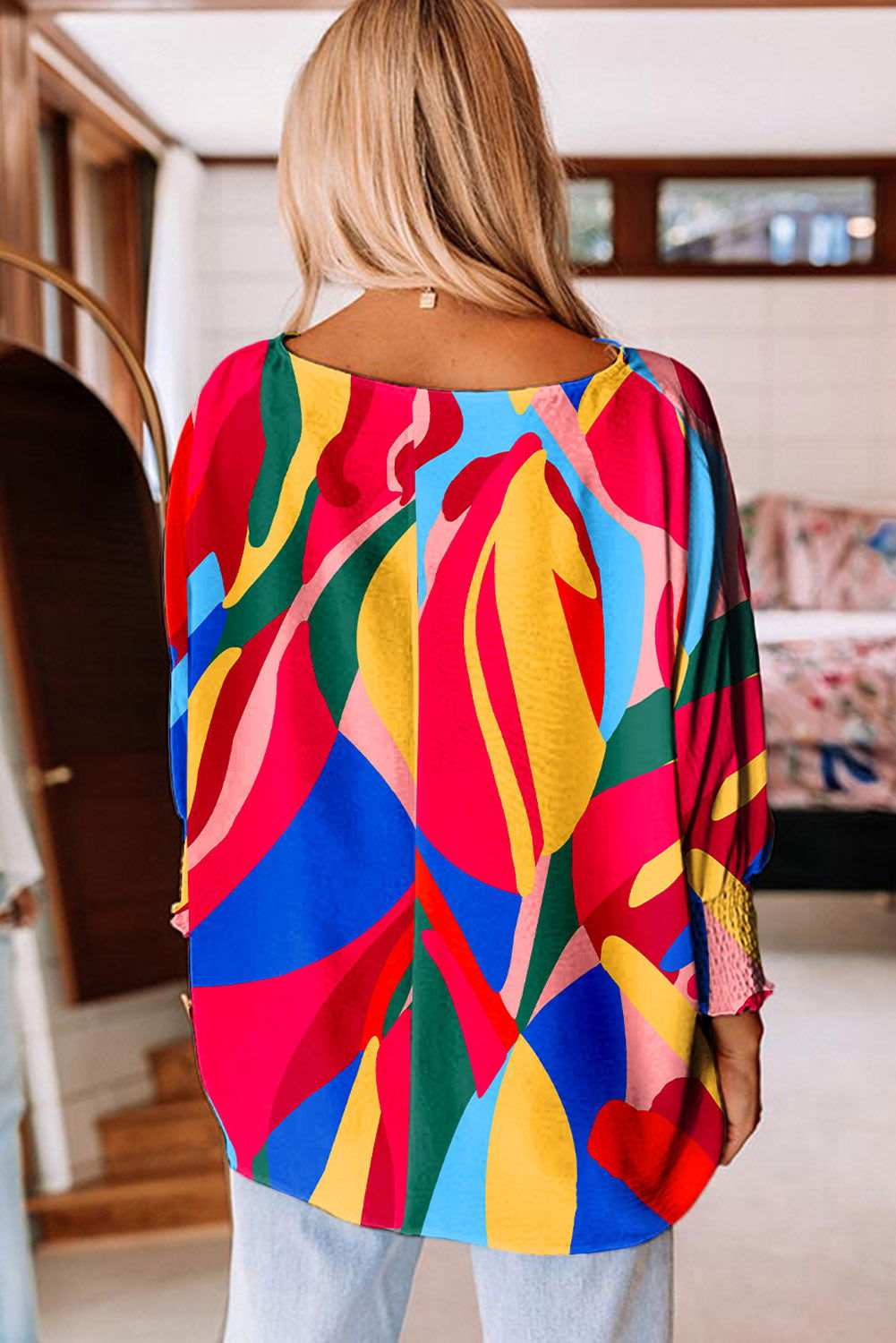 Multicolor Abstract Print Smocked Cuffs 3/4 Sleeve Blouse - Vesteeto