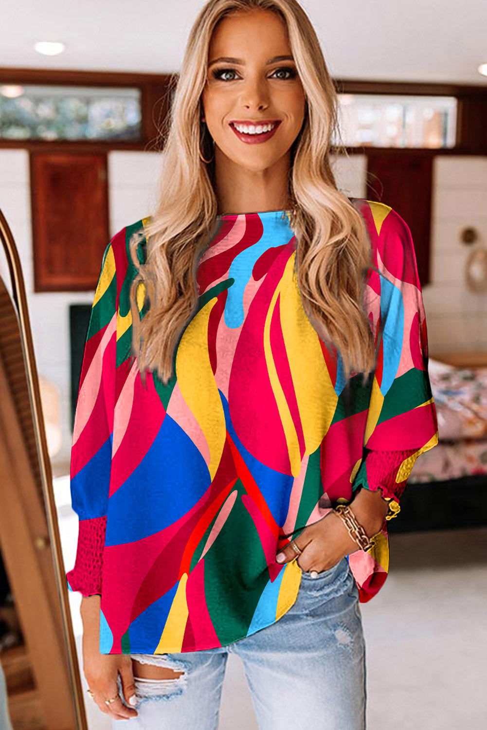 Multicolor Abstract Print Smocked Cuffs 3/4 Sleeve Blouse - Vesteeto