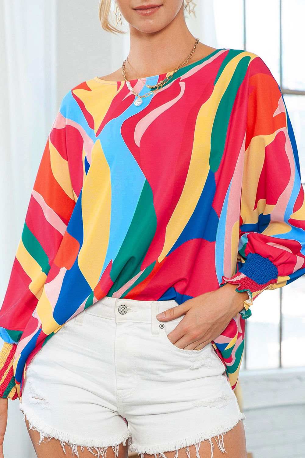 Multicolor Abstract Print Smocked Cuffs 3/4 Sleeve Blouse - Vesteeto