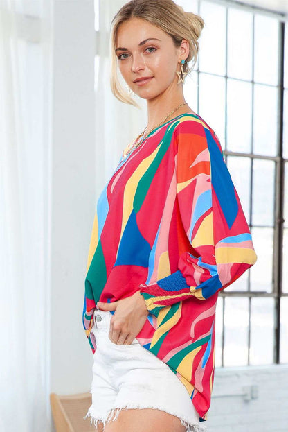 Multicolor Abstract Print Smocked Cuffs 3/4 Sleeve Blouse - Vesteeto