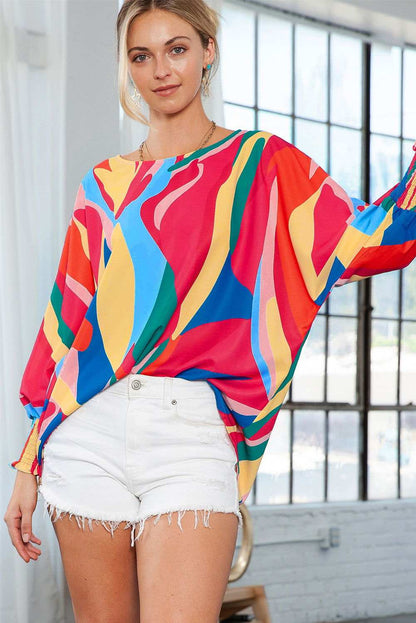 Multicolor Abstract Print Smocked Cuffs 3/4 Sleeve Blouse - Vesteeto