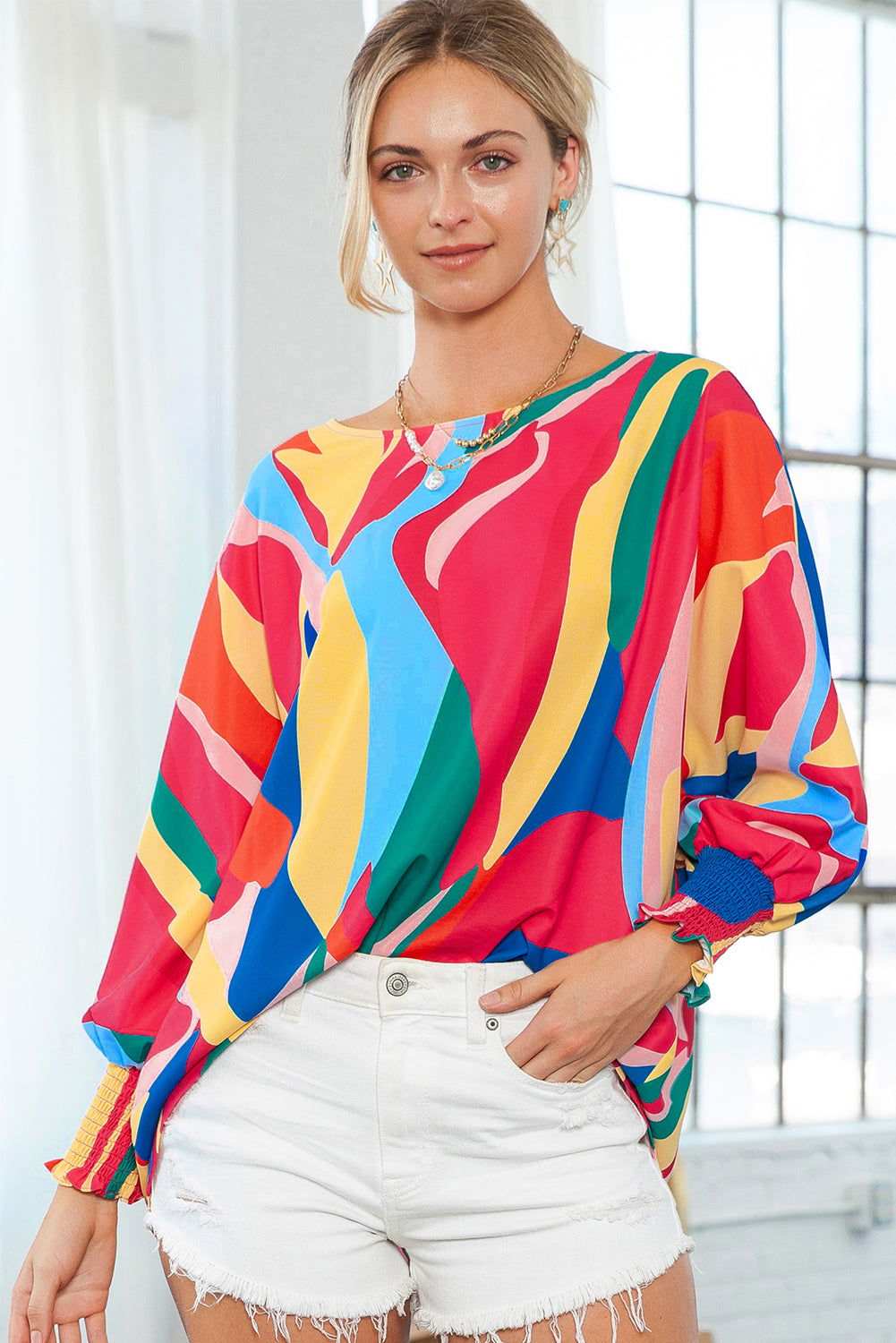 Multicolor Abstract Print Smocked Cuffs 3/4 Sleeve Blouse - Vesteeto