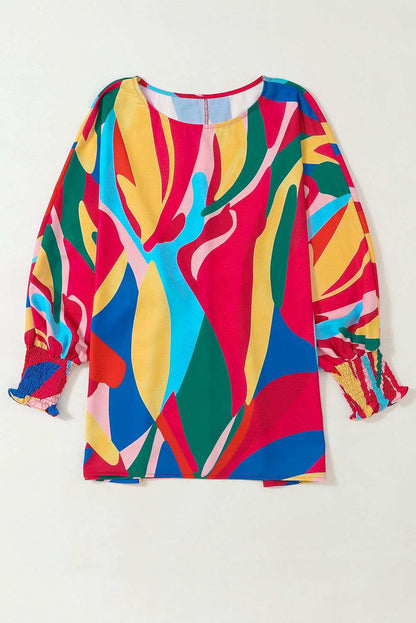 Multicolor Abstract Print Smocked Cuffs 3/4 Sleeve Blouse - Vesteeto