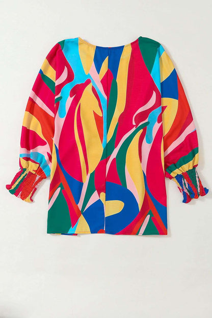 Multicolor Abstract Print Smocked Cuffs 3/4 Sleeve Blouse - Vesteeto