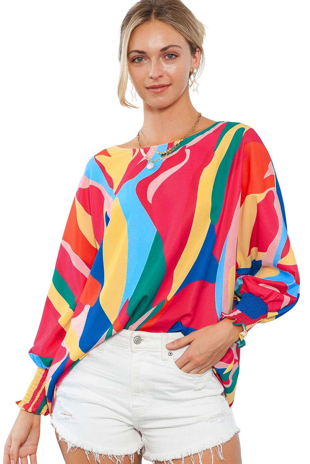 Multicolor Abstract Print Smocked Cuffs 3/4 Sleeve Blouse - Vesteeto