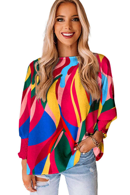 Multicolor Abstract Print Smocked Cuffs 3/4 Sleeve Blouse - Vesteeto