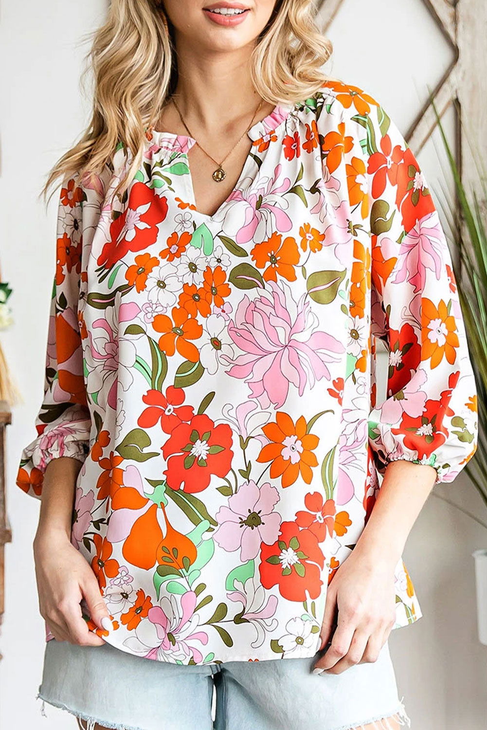 Orange Floral Print Boho Top Split V Neck 3/4 Sleeve Blouse - Vesteeto