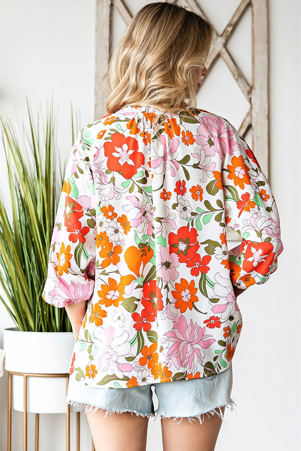 Orange Floral Print Boho Top Split V Neck 3/4 Sleeve Blouse - Vesteeto