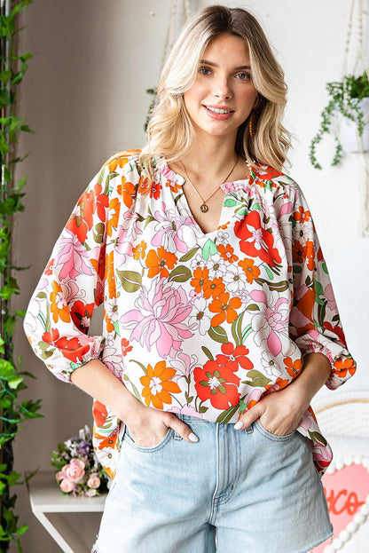 Orange Floral Print Boho Top Split V Neck 3/4 Sleeve Blouse - Vesteeto