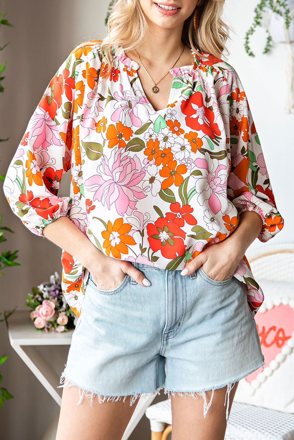 Orange Floral Print Boho Top Split V Neck 3/4 Sleeve Blouse - Vesteeto