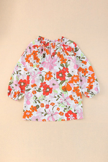 Orange Floral Print Boho Top Split V Neck 3/4 Sleeve Blouse - Vesteeto