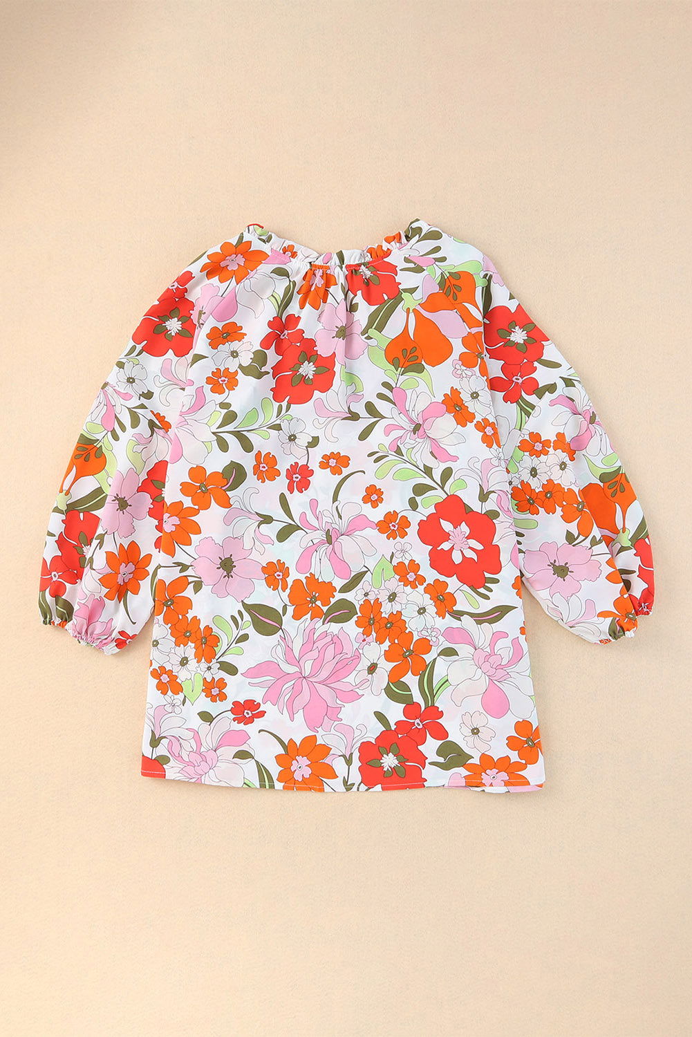 Orange Floral Print Boho Top Split V Neck 3/4 Sleeve Blouse - Vesteeto