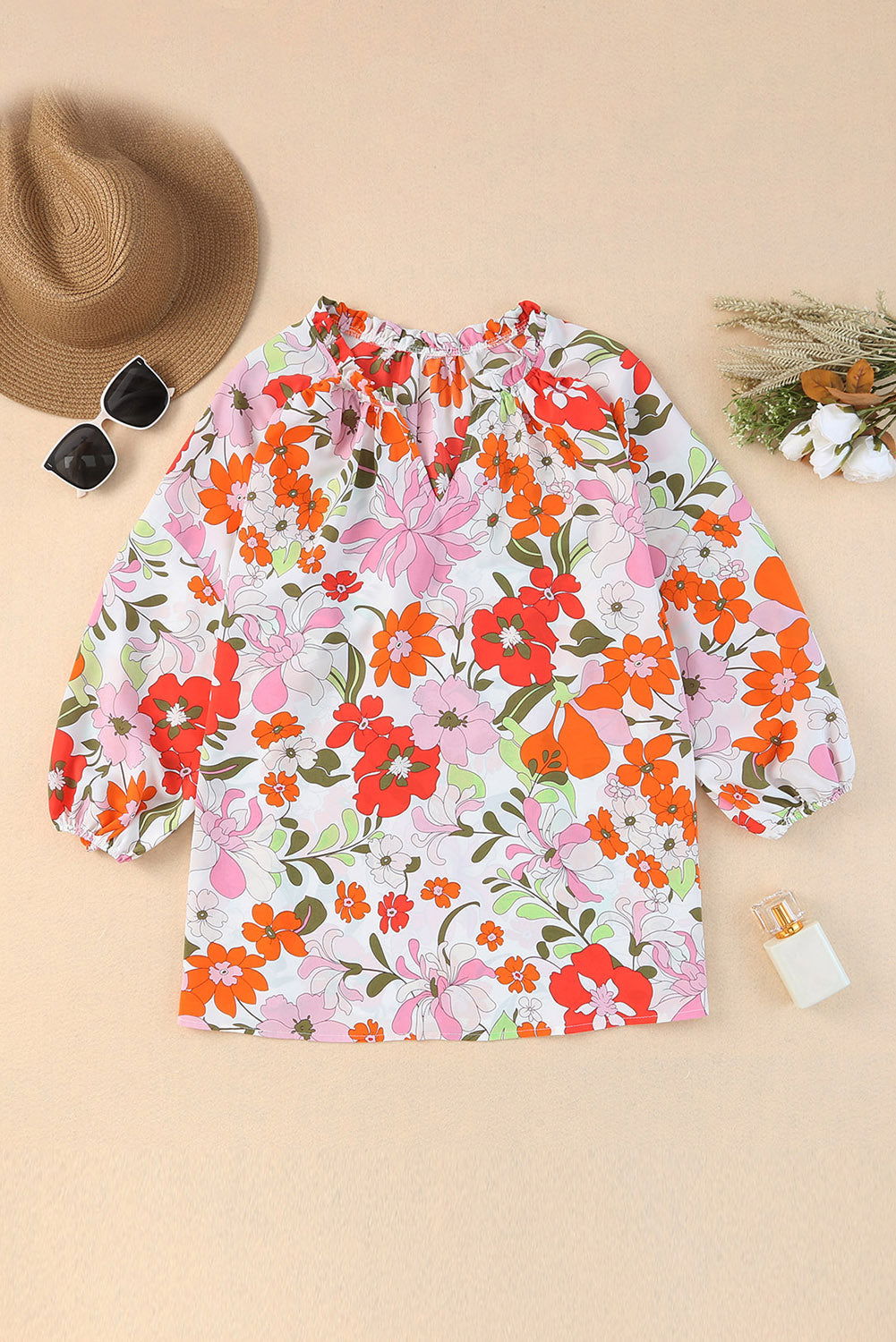 Orange Floral Print Boho Top Split V Neck 3/4 Sleeve Blouse - Vesteeto