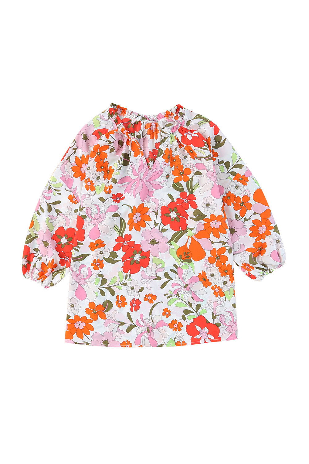 Orange Floral Print Boho Top Split V Neck 3/4 Sleeve Blouse - Vesteeto