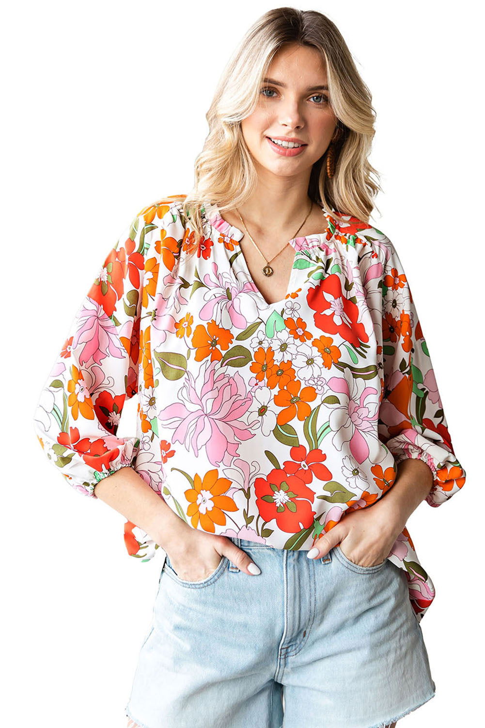 Orange Floral Print Boho Top Split V Neck 3/4 Sleeve Blouse - Vesteeto