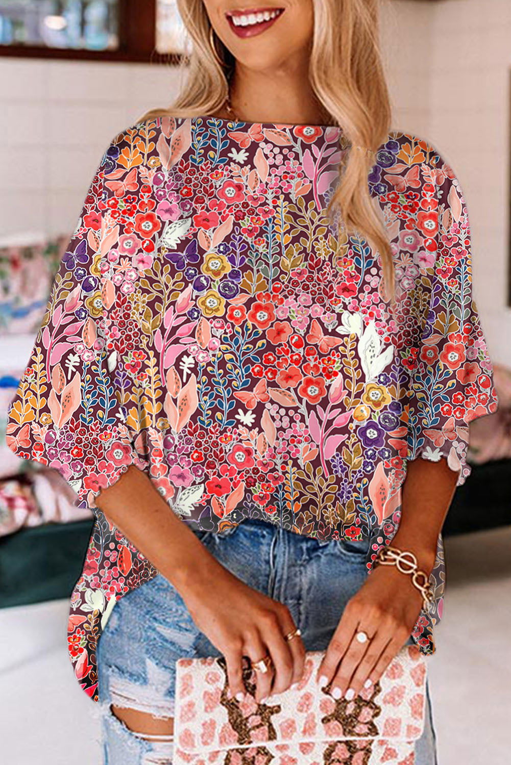 Multicolor Floral Print Boat Neck Top